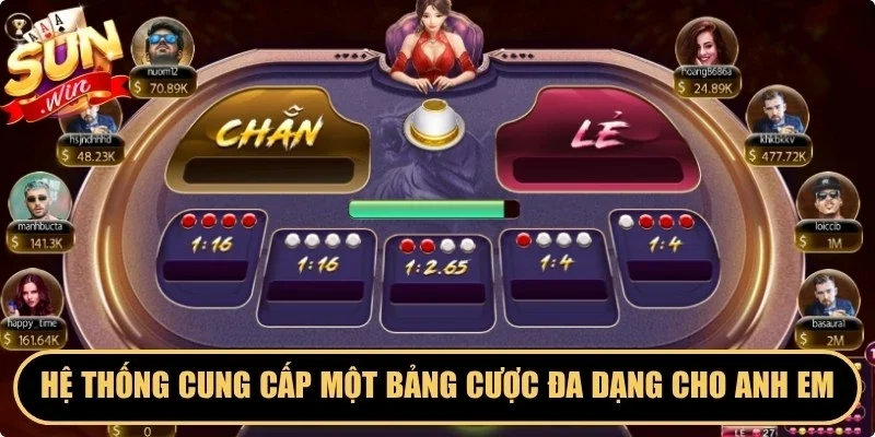 Hệ thống cung cấp một bảng cược đa dạng cho anh em lựa chọn